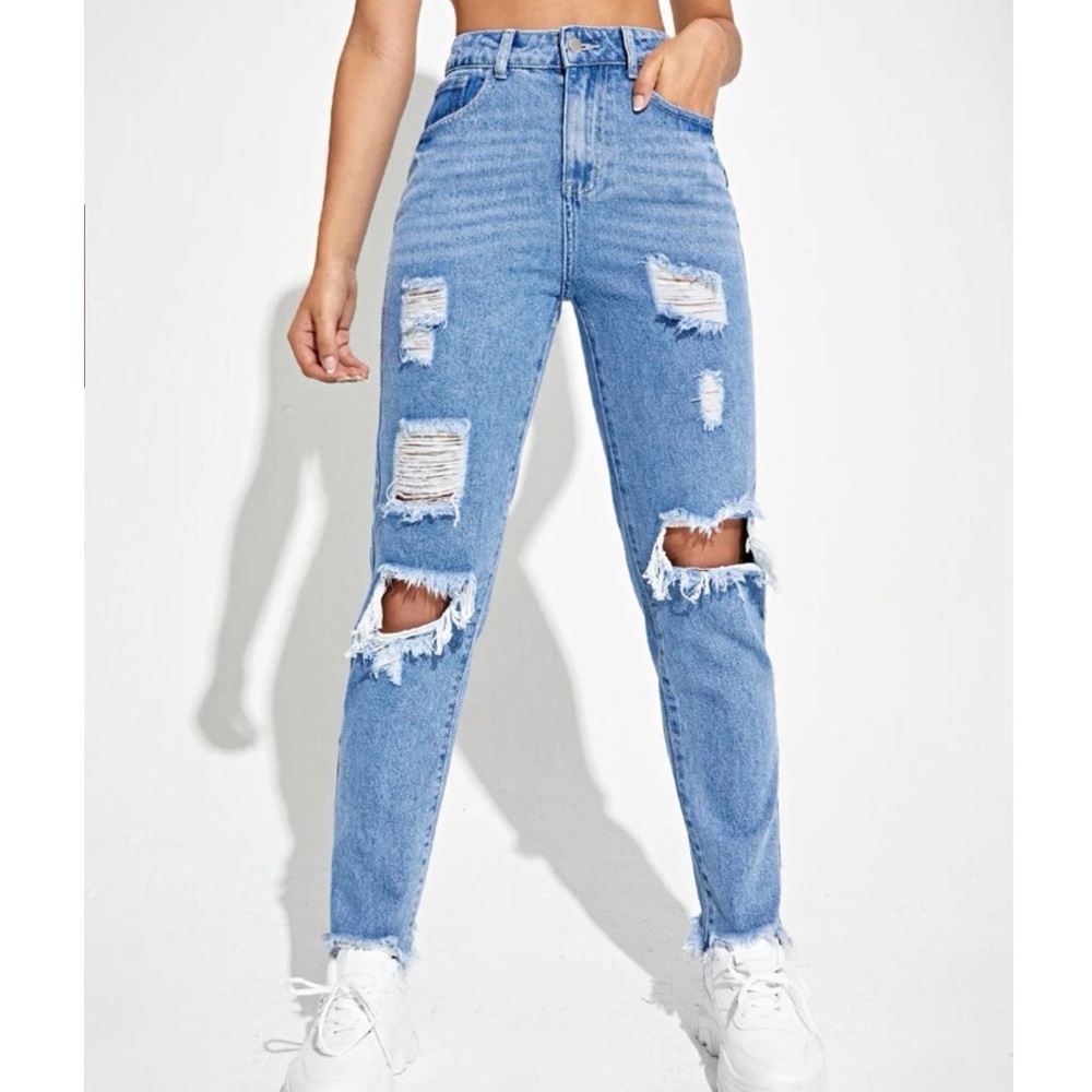Ripped Raw Hem Mom Jeans